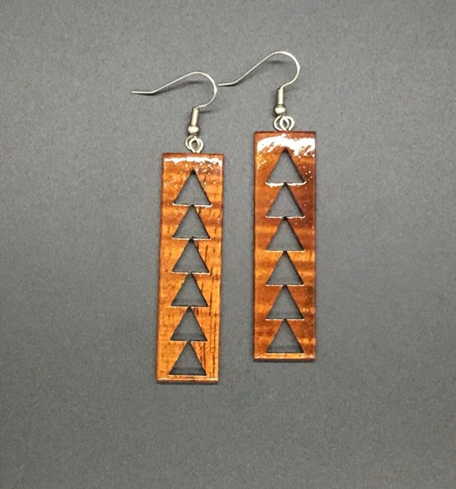 Koa Wood Long Rectangle Cut Out Earrings