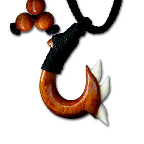 Koa Small Fishhook with Shark Teeth and Tie Pendant
