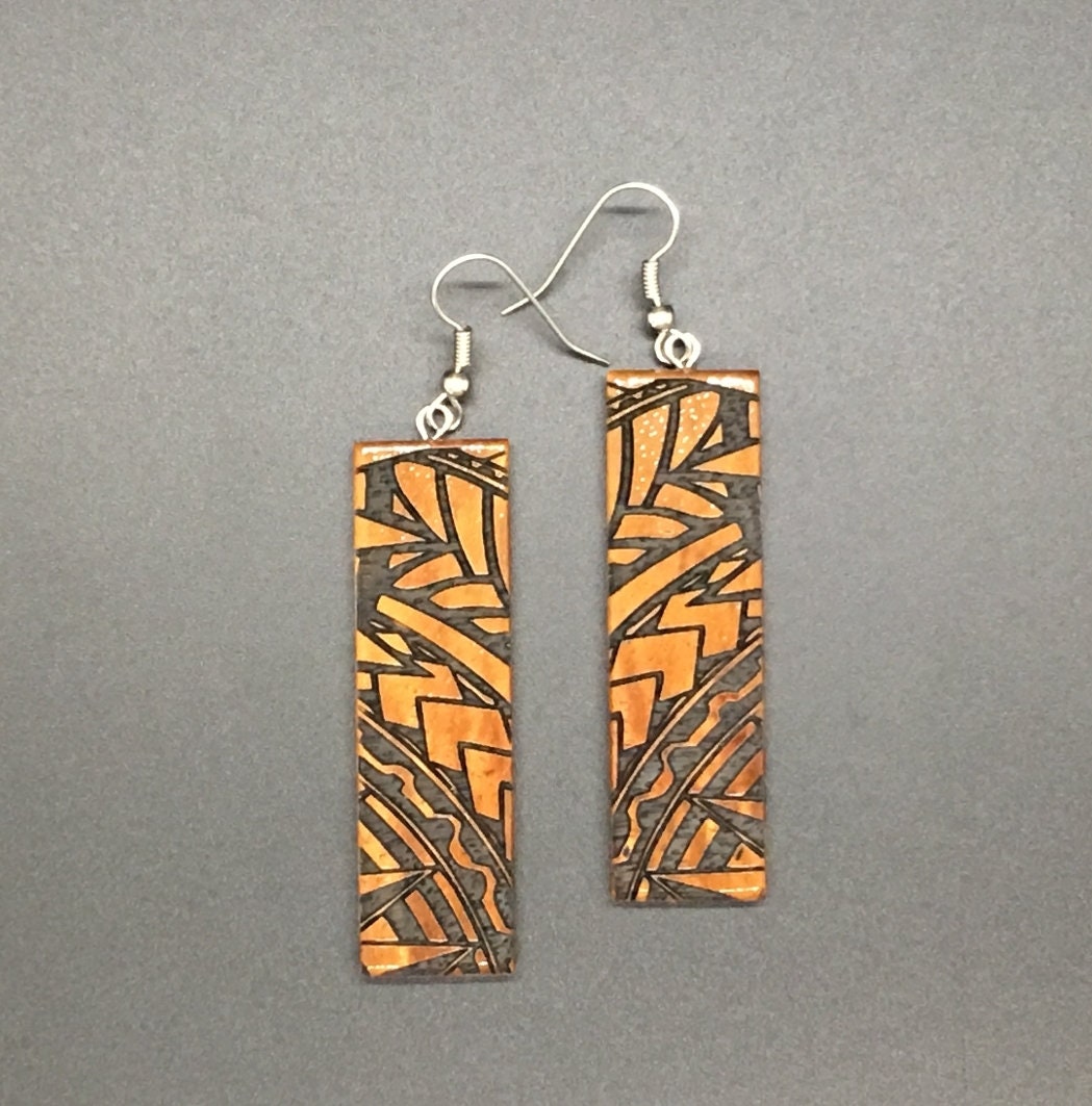 Koa Long Rectangle Engraved Earrings