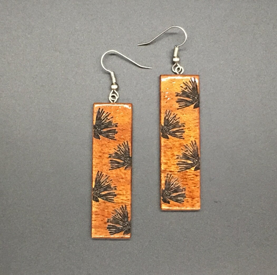 Koa Long Rectangle Engraved Earrings