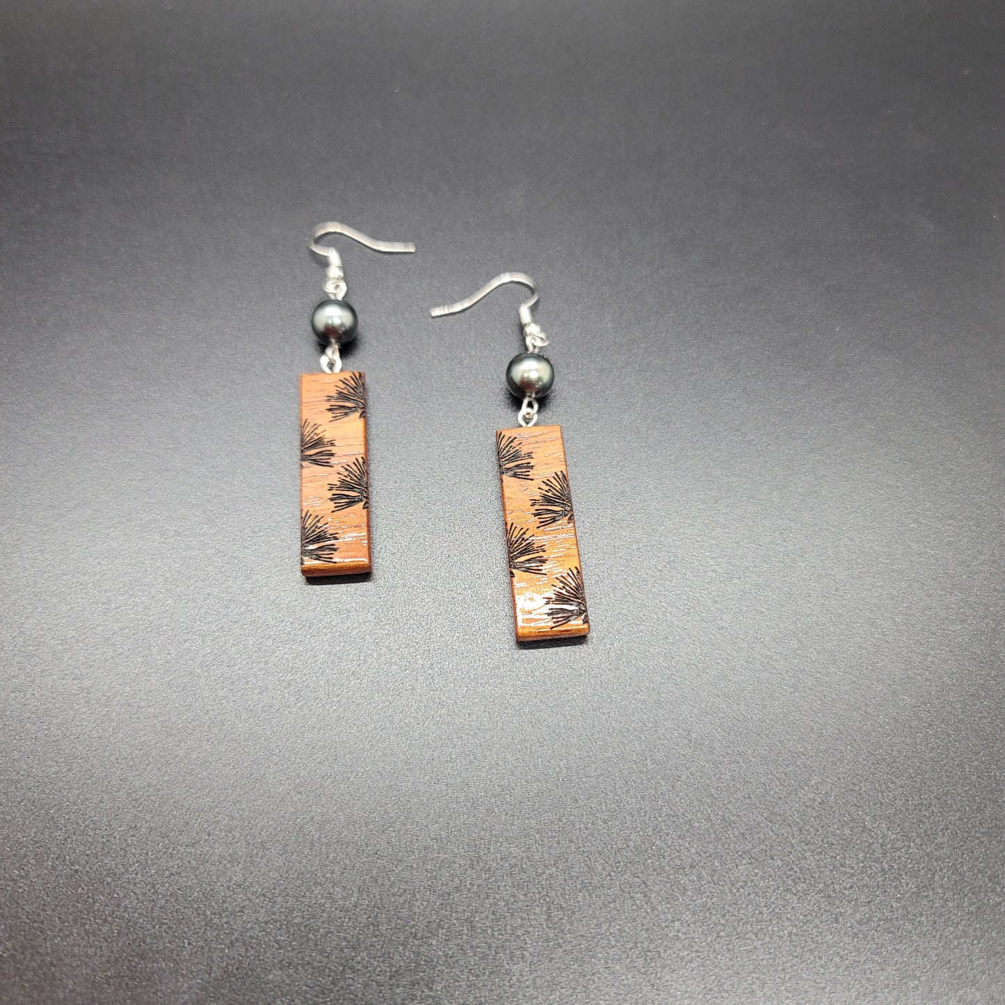 8mm Shell Pearl Koa Short Narrow Rectangle Earrings