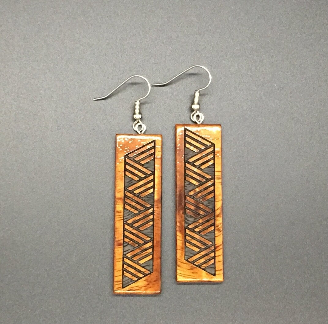 Koa Long Rectangle Engraved Earrings