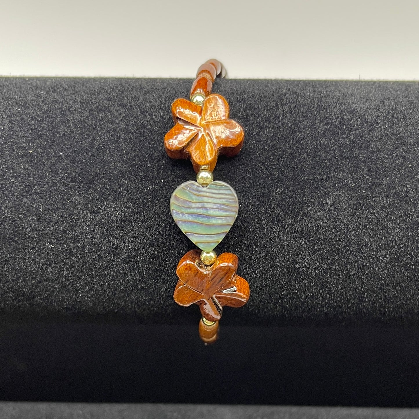 Koa Plumeria and Abalone Heart Clasp Bracelet