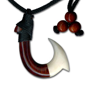 Large Koa/Bone Fishhook Pendant with Tie