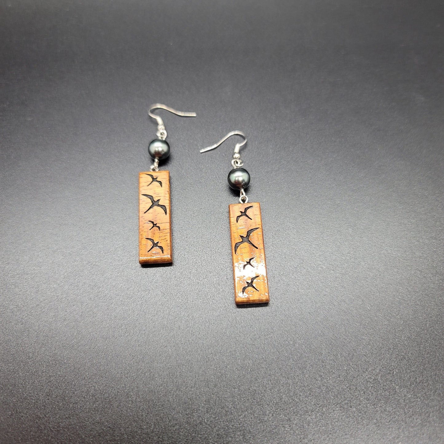 8mm Shell Pearl Koa Short Narrow Rectangle Earrings