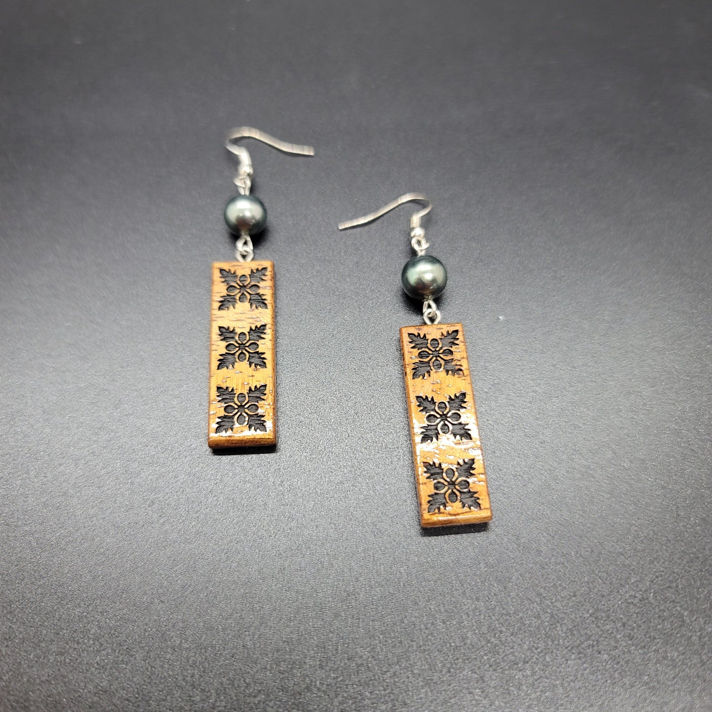 8mm Shell Pearl Koa Short Narrow Rectangle Earrings