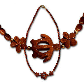 2 Koa Plumeria & 1 Koa Honu Rice Bead Clasp Necklace