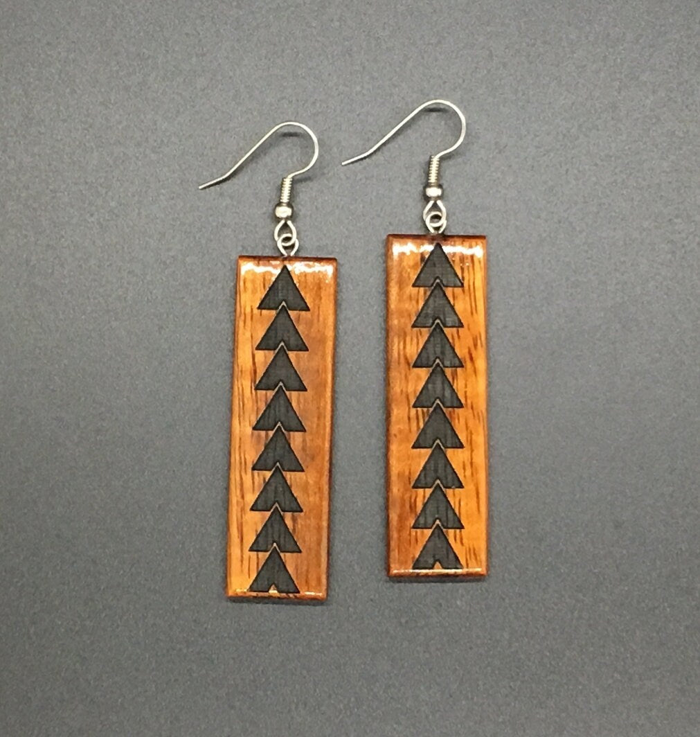 Koa Long Rectangle Engraved Earrings