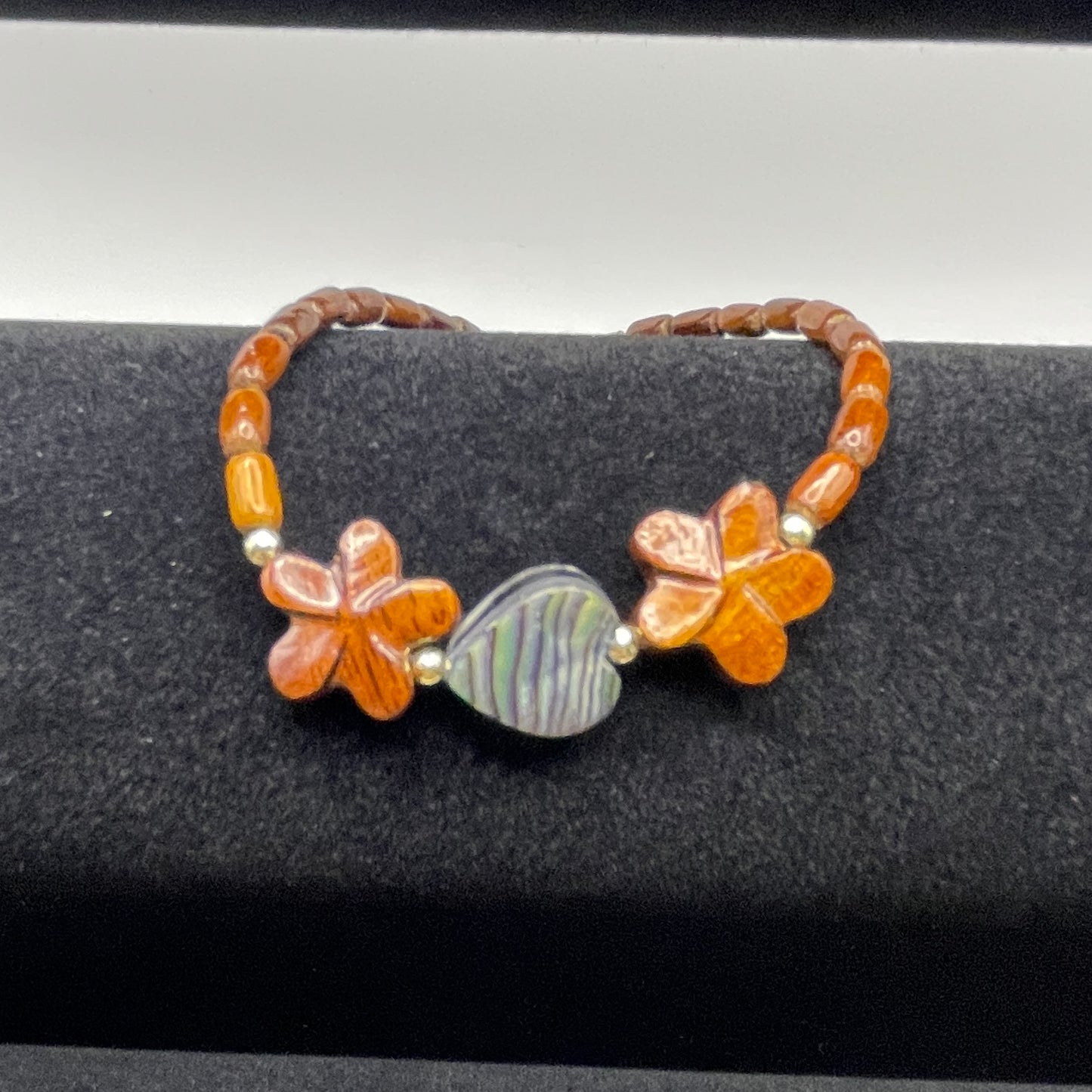 Koa Plumeria and Abalone Heart Clasp Bracelet