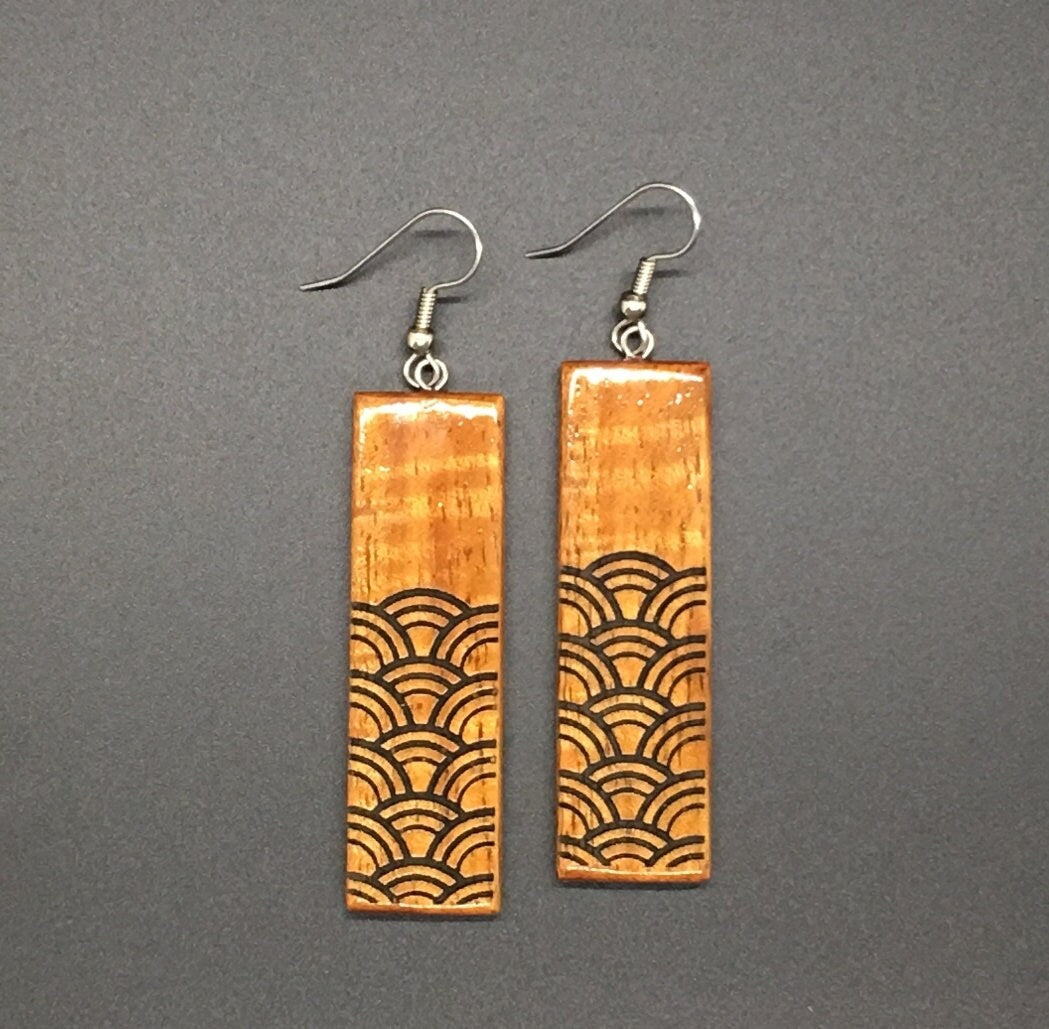 Koa Long Rectangle Engraved Earrings