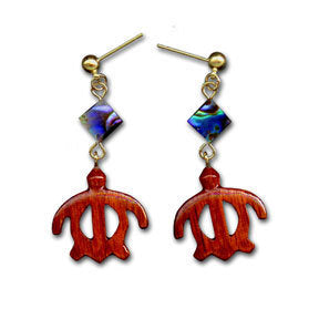 Koa Honu Dangle Earrings with Abalone Diamonds