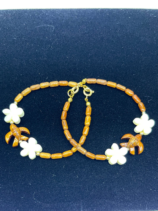 Koa Sea Turtle and Bone Plumeria Clasp Bracelet