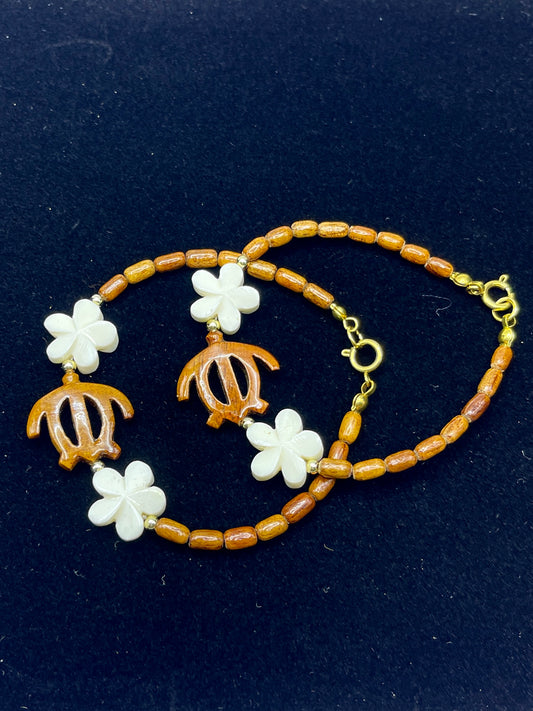 Koa Honu and Bone Plumeria Clasp Bracelet