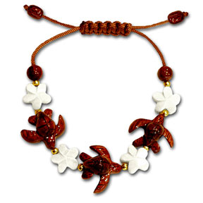 Koa Sea Turtle and Bone Plumeria Adjustable Bracelet