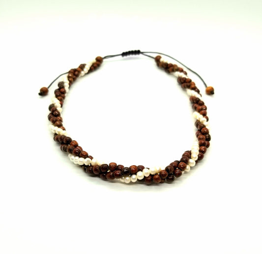 Koa 3 Strand Twist w/ Fresh Water Pearls Adjustable Necklace