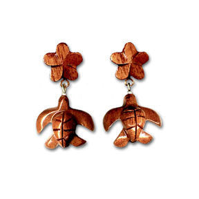 Koa Sea Turtle & Plumeria Dangle Earrings