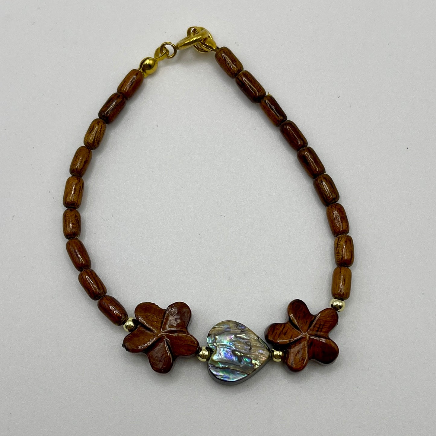 Koa Plumeria and Abalone Heart Clasp Bracelet