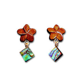 Koa Plumeria and Abalone Shell Diamonds Dangle Earrings