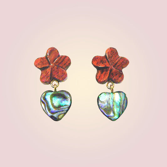 Koa Plumeria and Abalone Shell Hearts Dangle Earrings