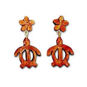 Koa Honu & Plumeria Dangle Earrings
