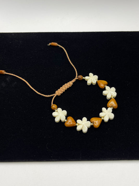 Koa Heart and Bone Plumeria Adjustable Bracelet