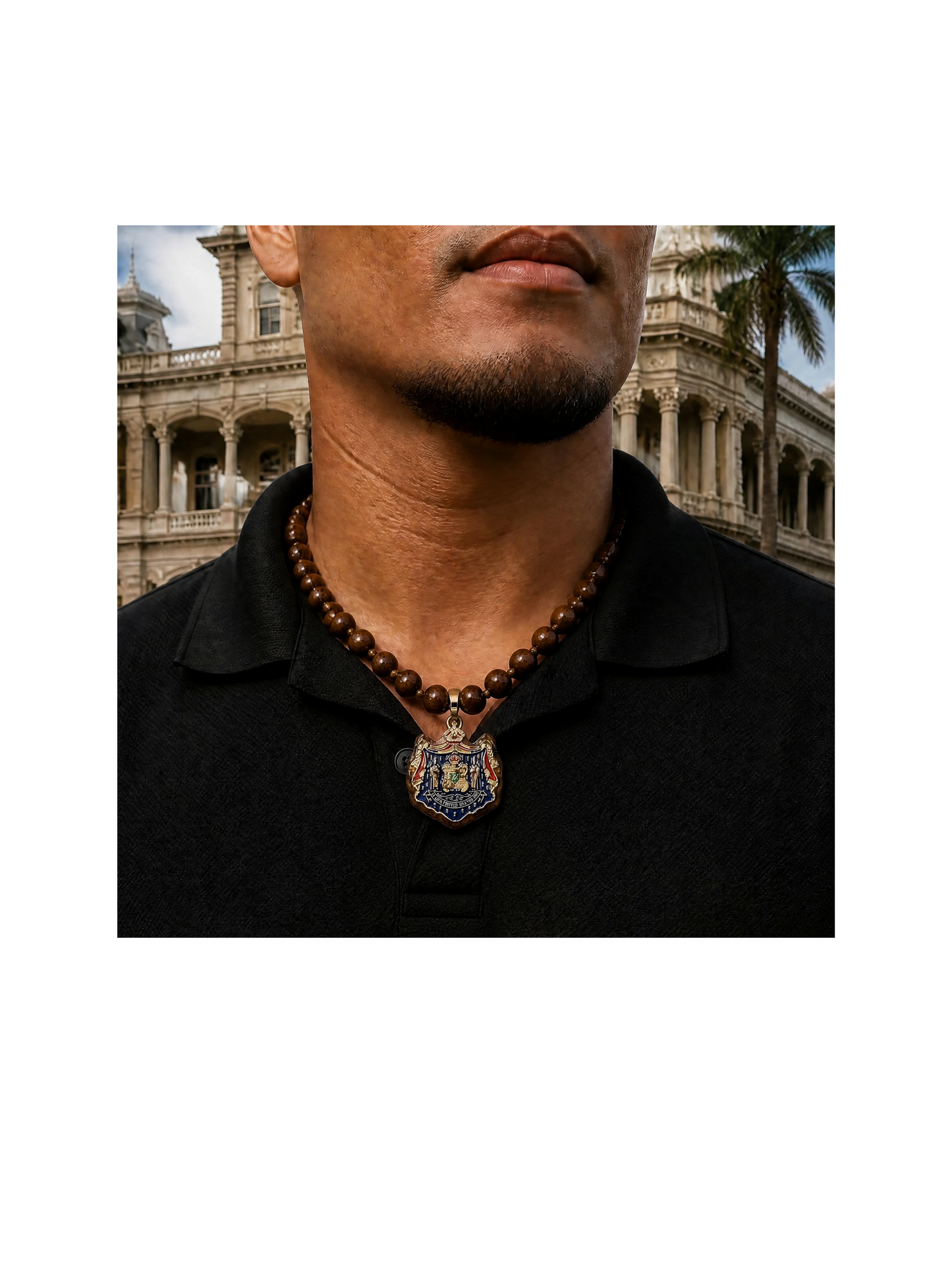 15mm Koa bead separator Necklace w/ Coat of Arms Pendant