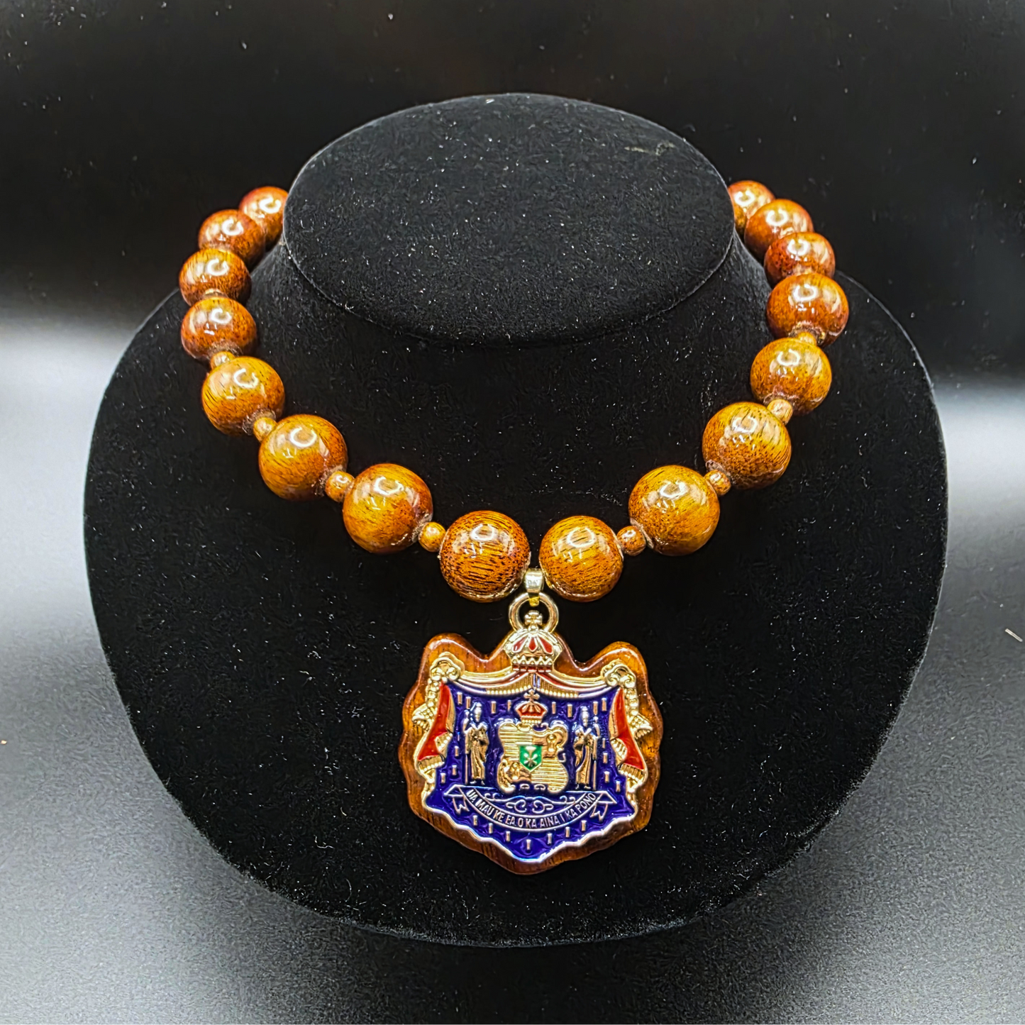 15mm Koa bead separator Necklace w/ Coat of Arms Pendant