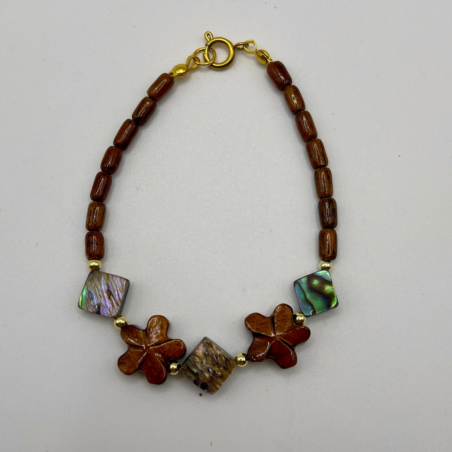 Koa Plumeria and Abalone Diamonds Clasp Bracelet