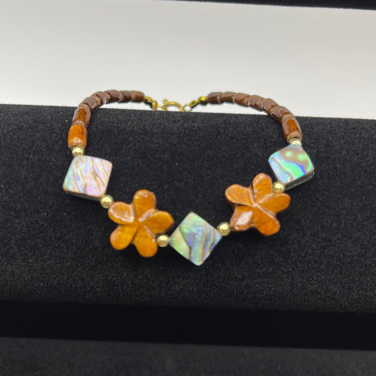 Koa Plumeria and Abalone Diamonds Clasp Bracelet