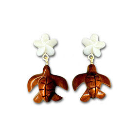 Koa Sea Turtle & Bone Plumeria Dangle Earrings