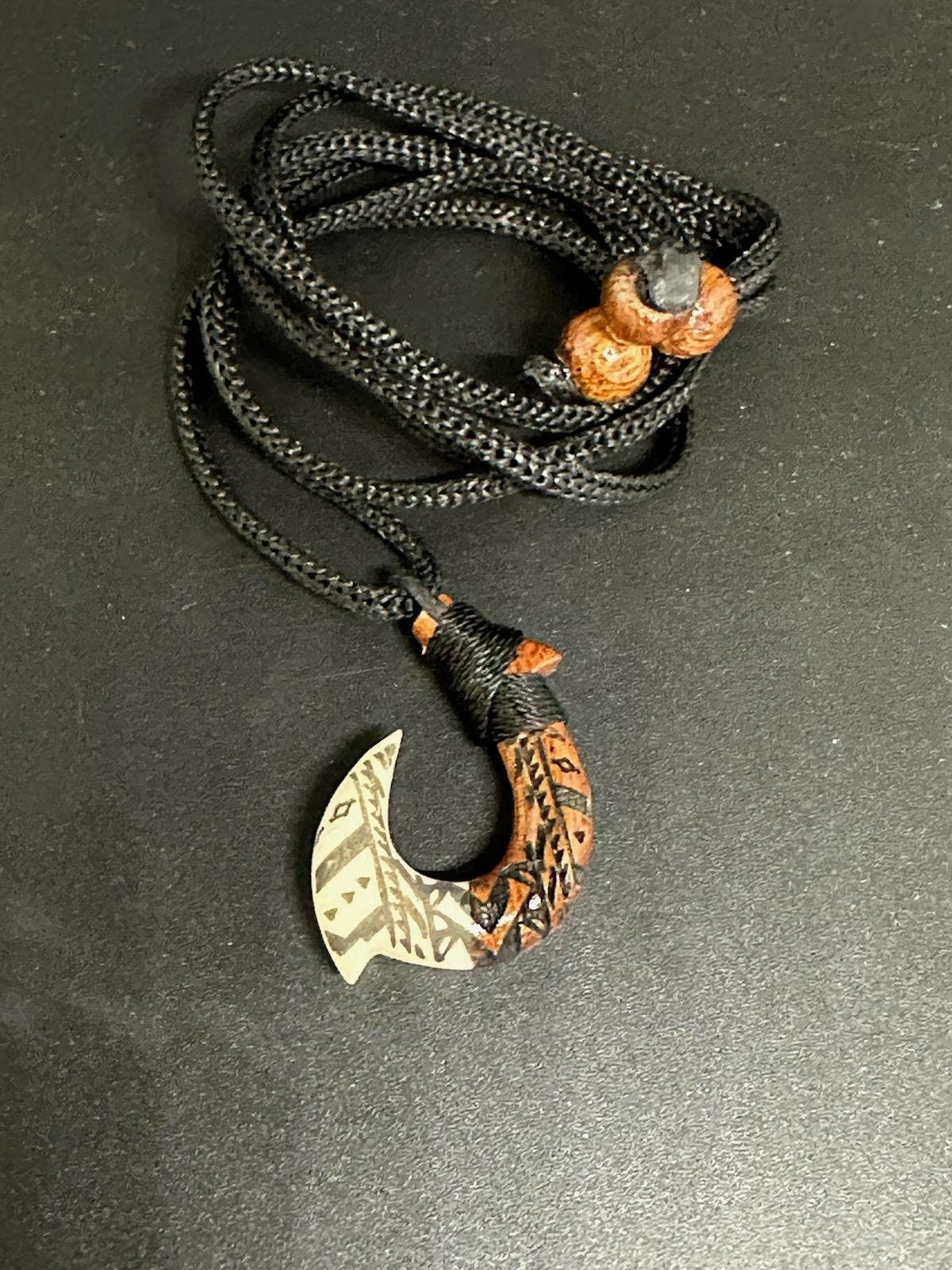 Koa and Bone Small Fishhook Engraved Pendant