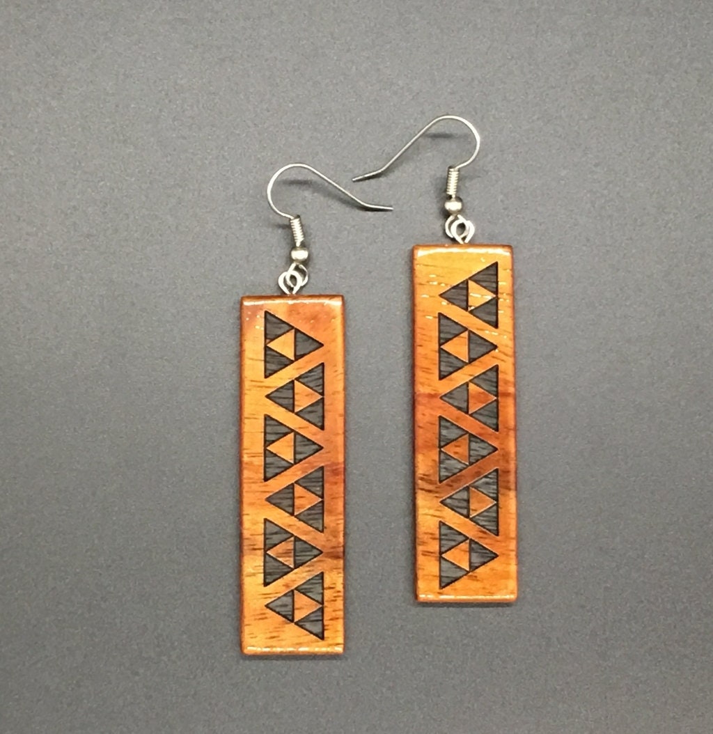 Koa Long Rectangle Engraved Earrings